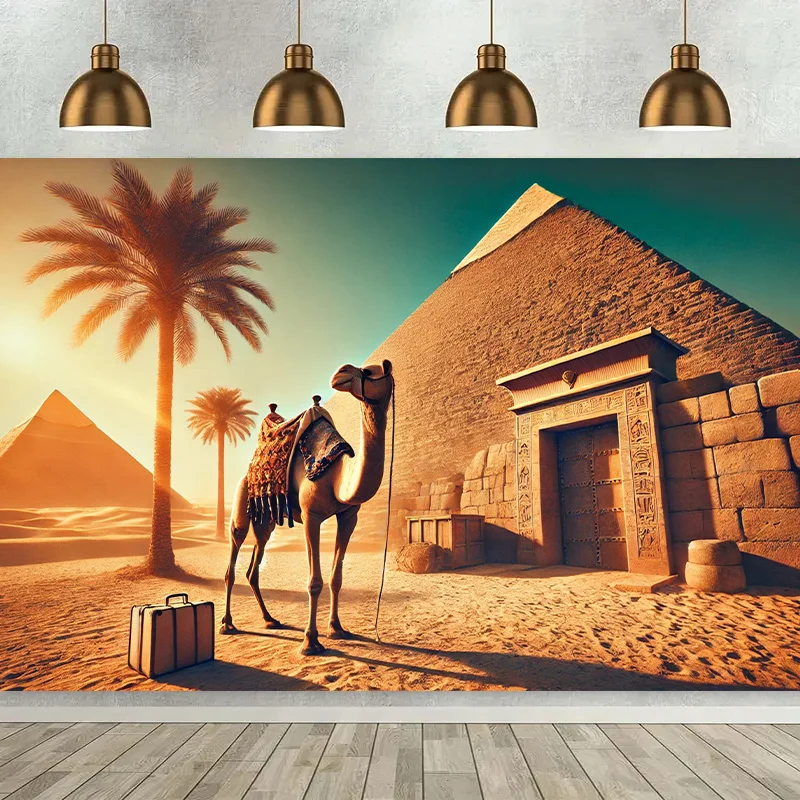 لافتة خلفية الهرم المصري والجمل - ديكور حائط مصر القديمة مع هرم عظيم من جيزا، مشهد صحراوي - بدون كهرباء