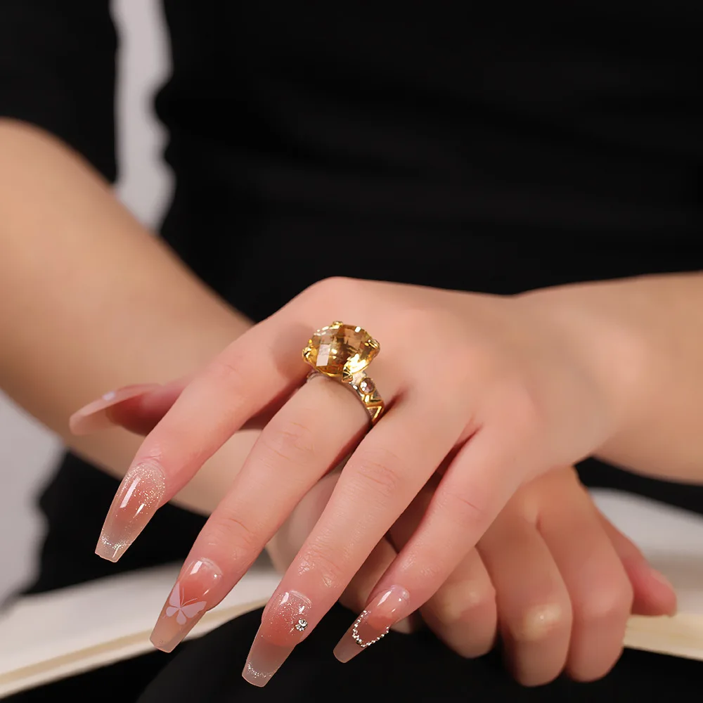 Conical Inverted Pyramid Natural Citrine Ring for Women Facet Square Yellow Crystals Ring Gold Plated 925 Silver Fashion Jewelry