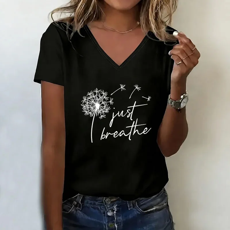 Just Breathe Dandelion V-neck T-shirt, Y2k casual fashion, women's t-shirts, short-sleeved V-neck t-shirt