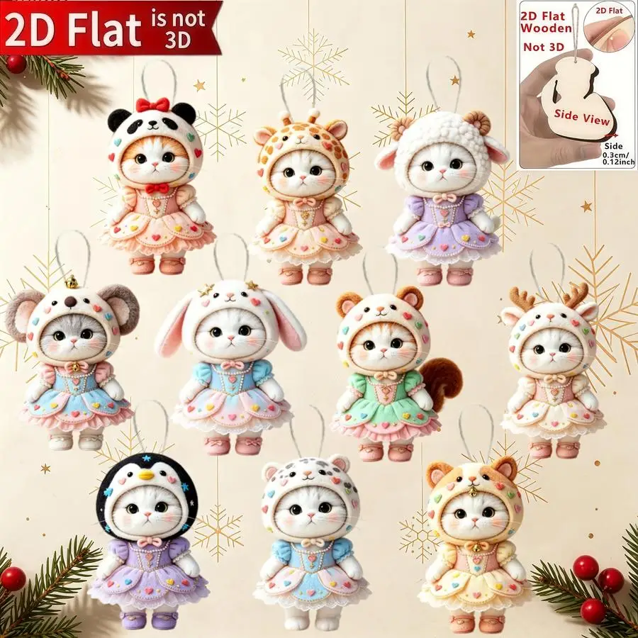 1/5/10/20/50/100pcs 2D Flat - [2D Flat] hanging wooden ornaments featuring cute kitten heads, Christmas decoration set, custom 2