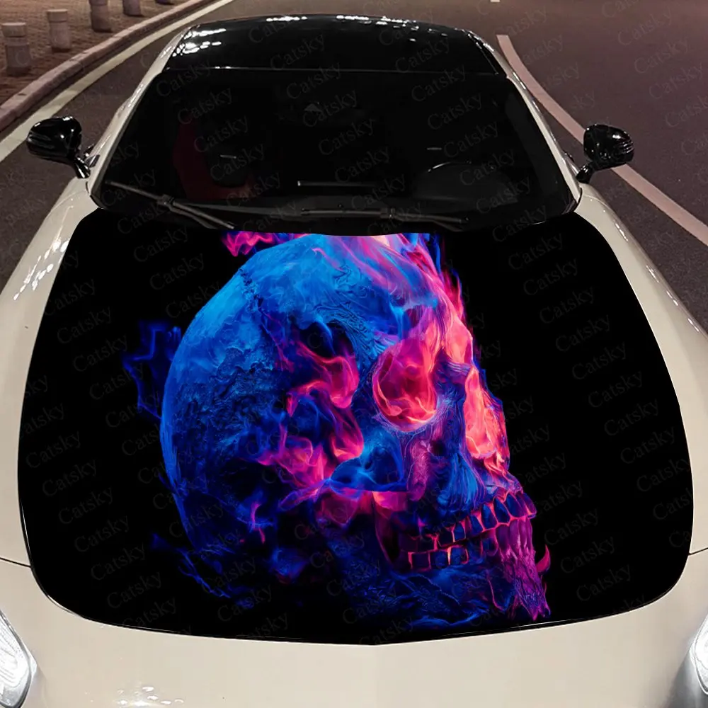 

Dynamic Blue - Red Flame Skull and Dragon Auto Cover Sticker, Waterproof and Self-adhesive Auto Hood Decal, Auto Vinyl Wraps, Co