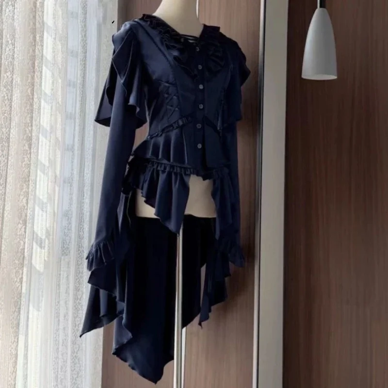 

Goth Blouses For Women Lolita Style Vintage Shirts 2025 Blusas Mujer De Moda Fashion Tunic Irregular Blouse Ruffles Bandage Tops