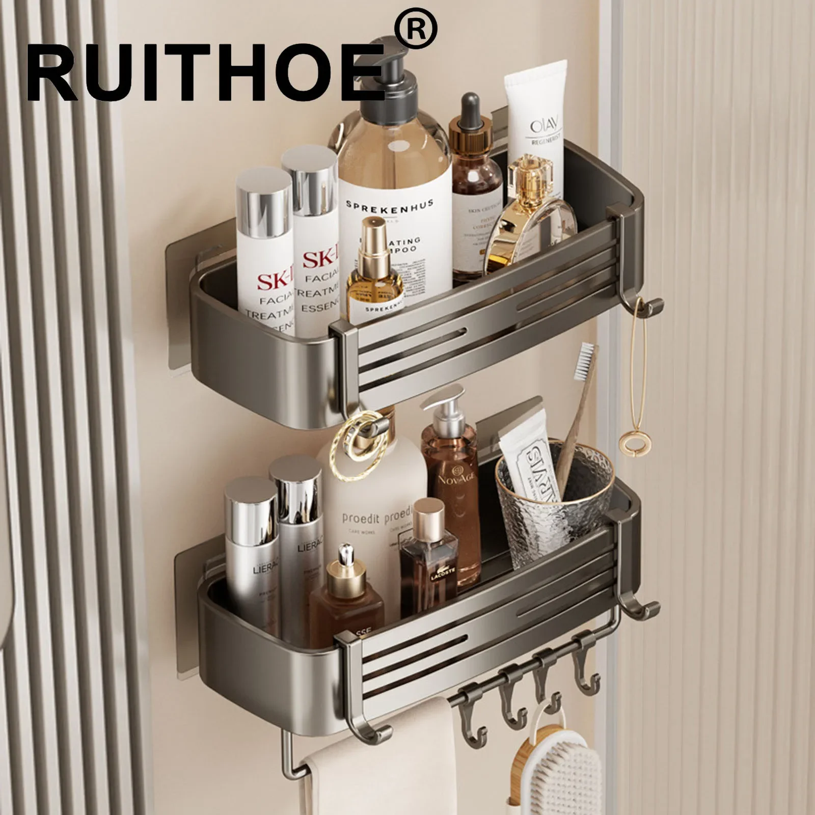 Punch-free Bathroom Shelf for Shower Bathroom Rack Aluminum Hanging Rack with Hooks Bathroom Organizer Hang On the Wall Ecoco