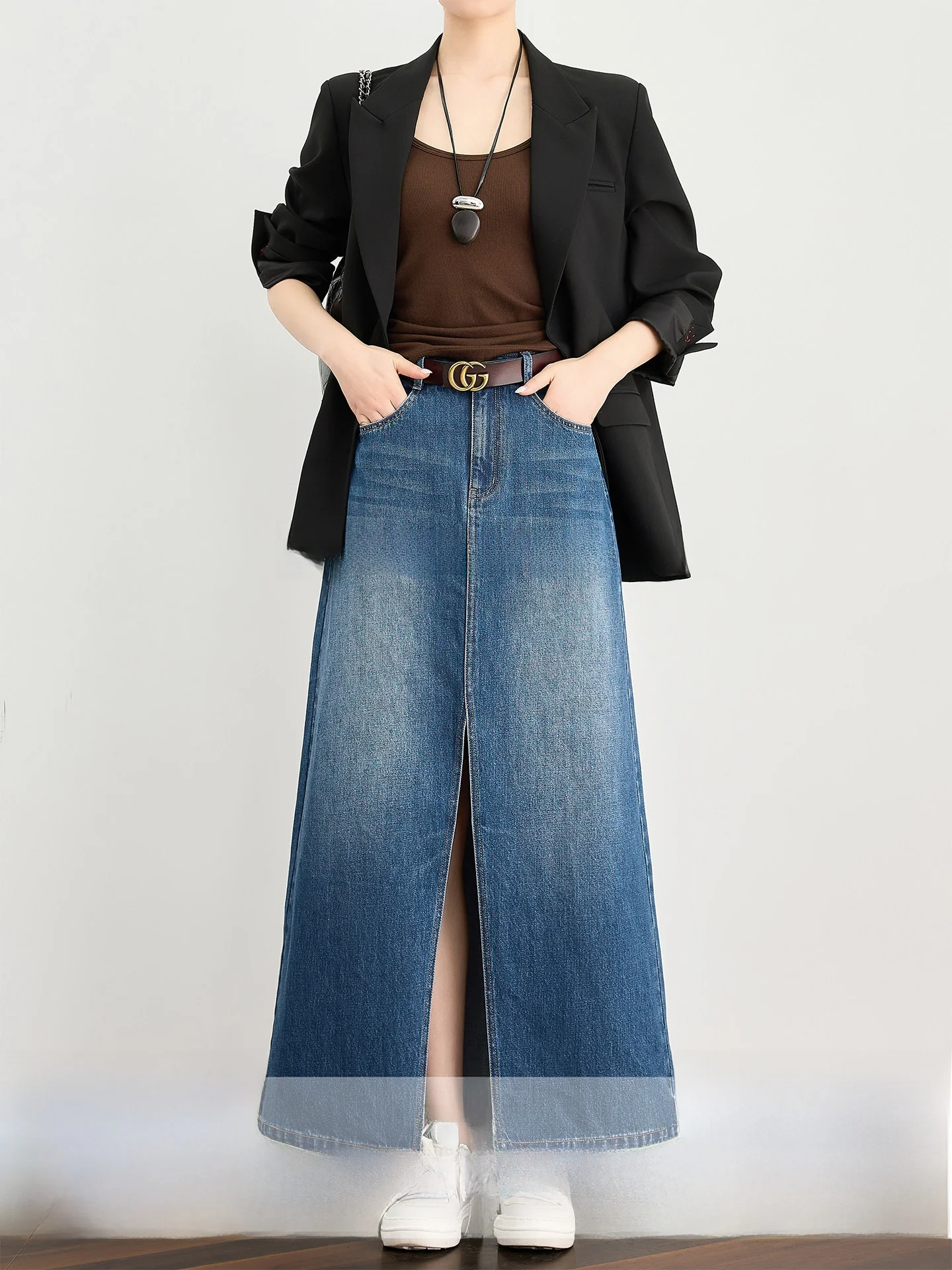 

Удлиненная асимметричная юбка из хлопкового денима для высоких женщин FAESSLIN в корейском стиле, с высокой талией, А-силуэт, с карманами