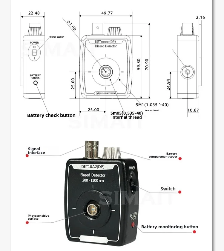 Amplified Si Photodetector 350-1100nm | Eight-Level Adjustable Gain Optical Sensor for Detection
