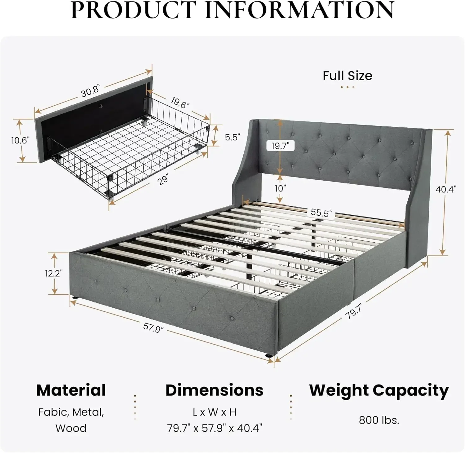 Upholstered Full Size Platform Bed Frame with 4 Storage Drawers and Wingback Headboard, No Box Spring Needed, Light Grey