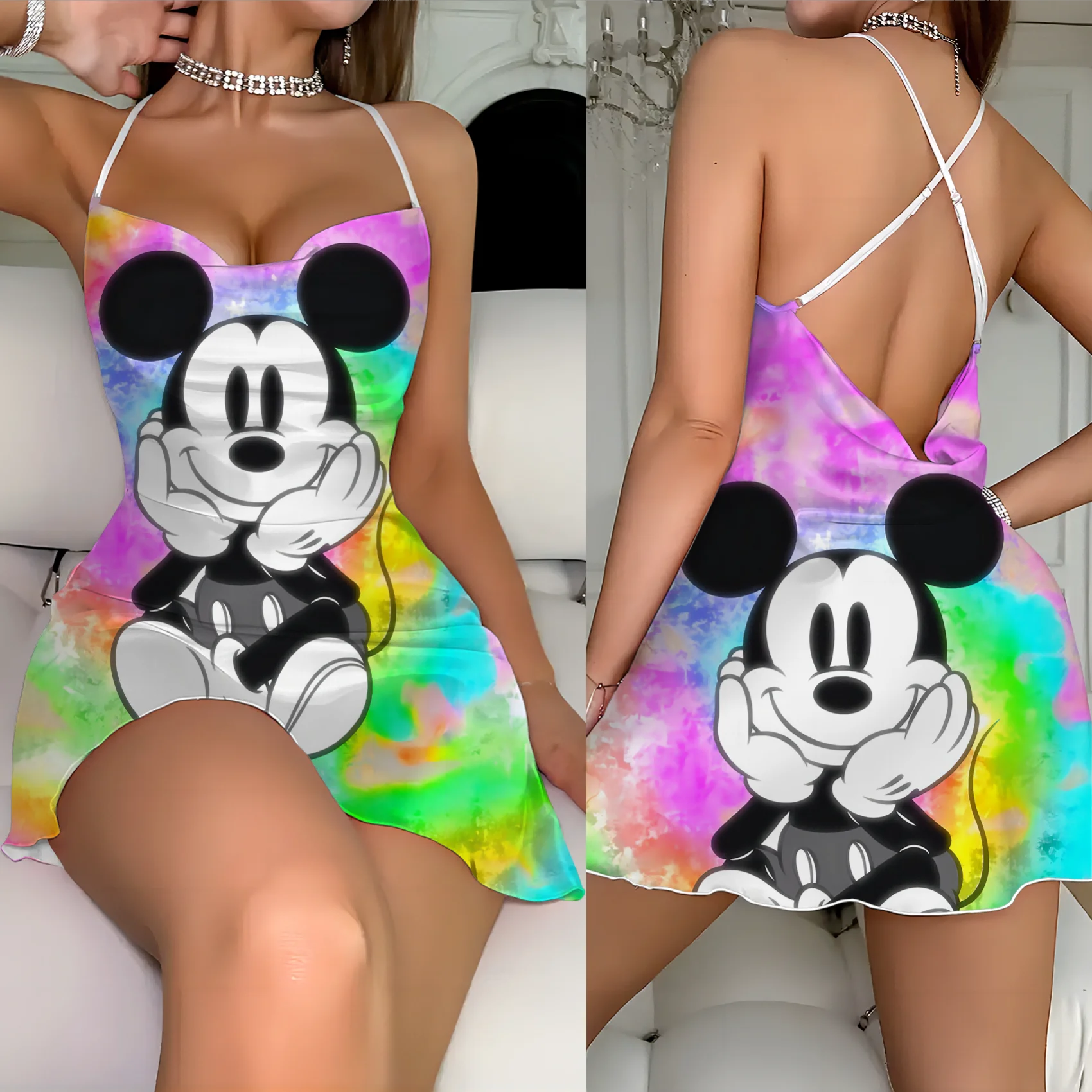 

Fashion Summer Dresses 2024 Crew Neck Disney Backless Dress Minnie Mouse Mickey Lettuce Trim Elegant Women Neck Slip Dress Home