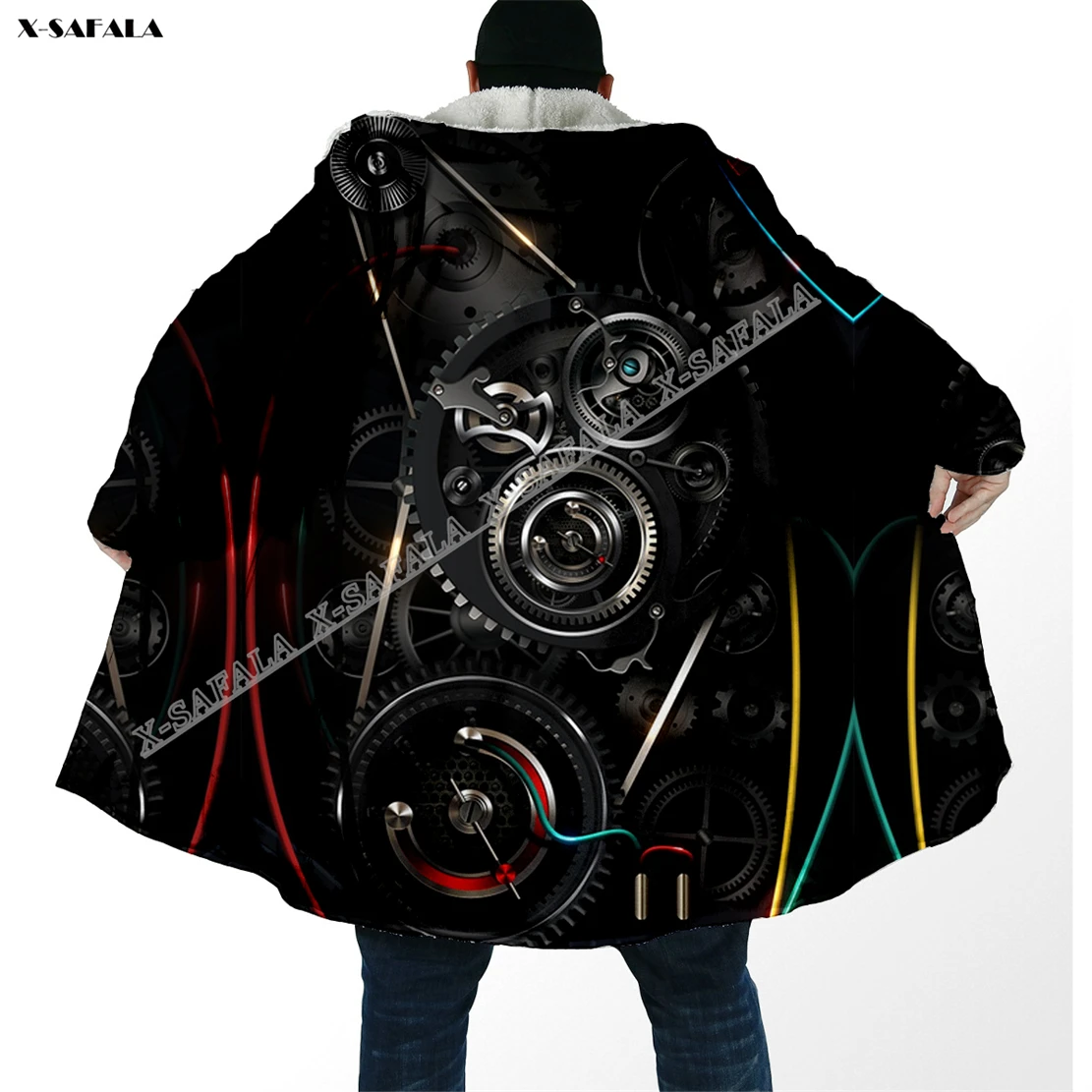 

Mechanical Gear Geometrical 3D Printed Overcoat Hooded Blanket Coat Robe Fleece Loose Men Female Cloak Windproof