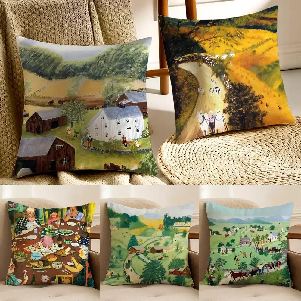 Painter A-Anna Mary Robertson Moses Cushion Cover Faux fur decorative Dark academia style post Rustic Spa pillow cover