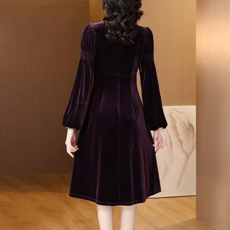 2023 Autumn/Winter New Purple Silk Velvet Bubble Sleeve Dress Women\'s Spliced Slim Loose Large Knee Length A-line Dress Robe