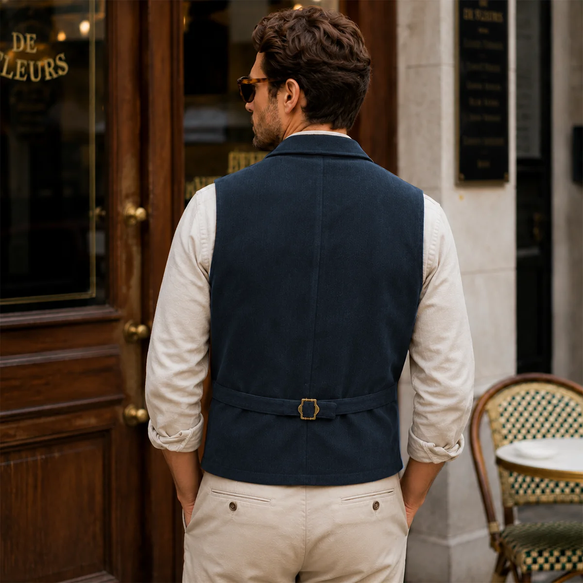 Herren Vintage Cord-Anzugweste mit Revers, Verstellbarem Rückengurt, Ärmellos, Business-Casual-Gilet mit Mehreren Taschen – Detail 7