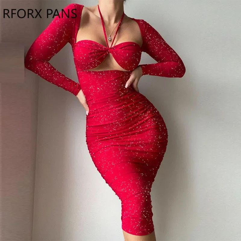 Women Glitter Glamorous Long Sleeves Halter Hollow out Bodycon Midi Bodycon Sexy Formal Party Red Dress