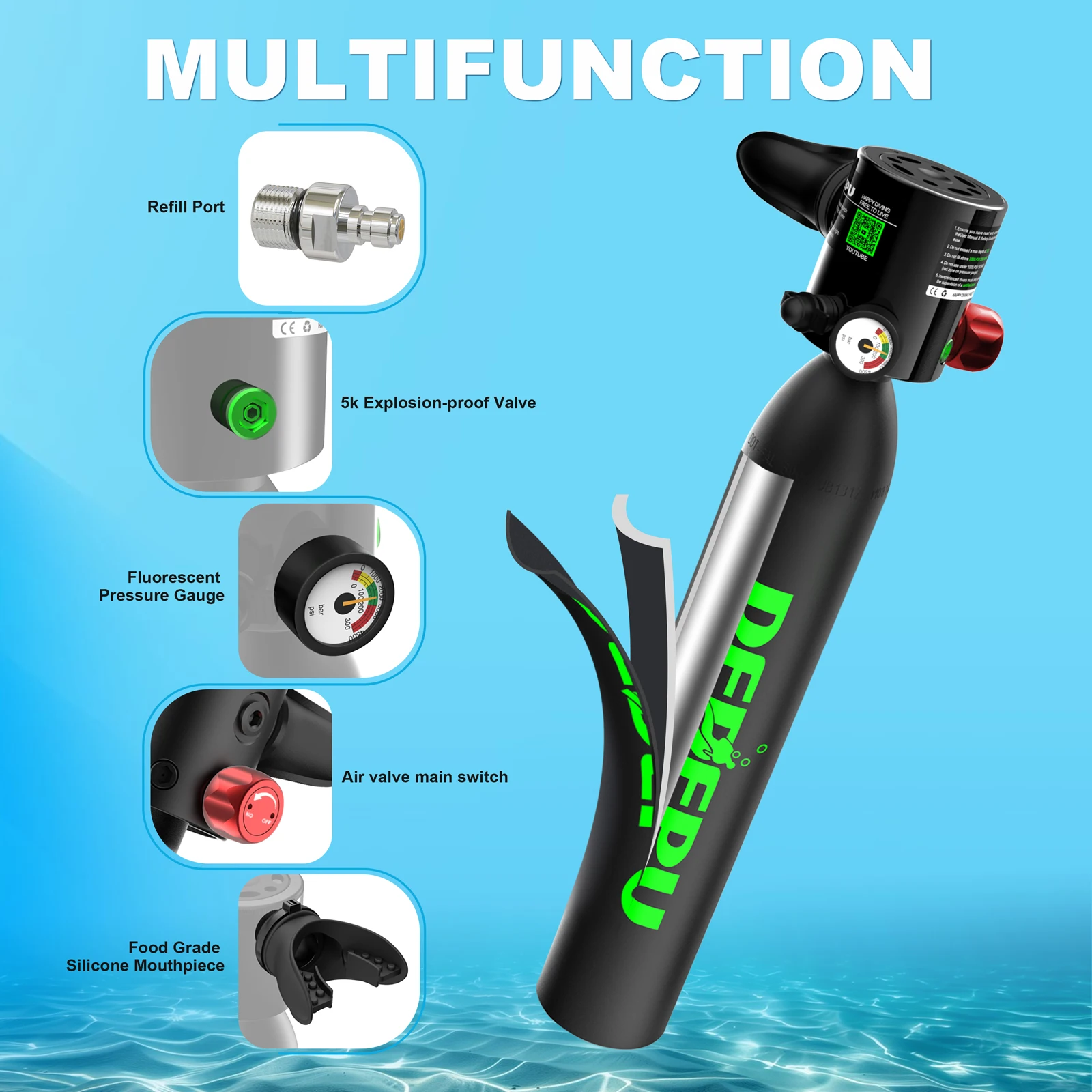 DEDEPU 0.5L Mini Scuba Diving Tank Aluminum Alloy 3000PSI 200BAR Constant Pressure Head with Rope Portable Dive Oxygen Cylinder