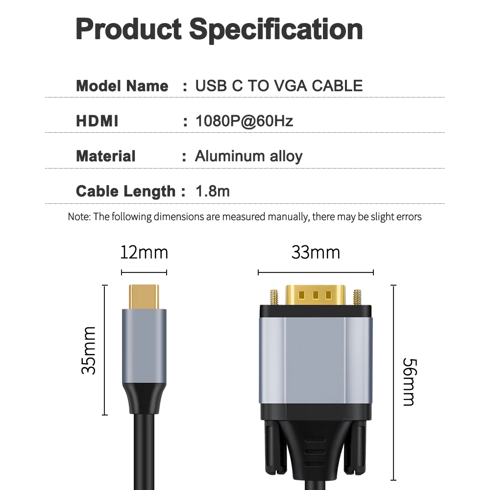 USB C 3.1 to VGA Adapter 1080P Type C to VGA Video Converter Cable Aluminum Alloy for Phone HDTV PC Laptop Monitor Projector