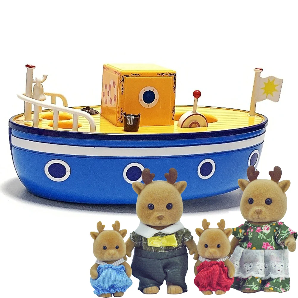 Rena azul barco floresta família 1:12 miniatura móveis gato coelho animal dollhouse navio modelo de cozinha brinquedos para meninas presentes