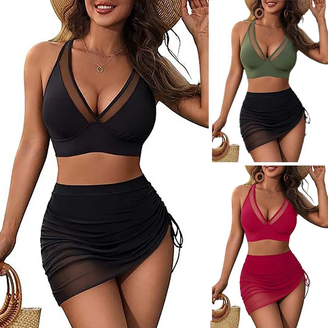 Sexy emenda malha push up bikini feminino banho plus size 3 peça maiô com saia embrulhada maiô femme biquini