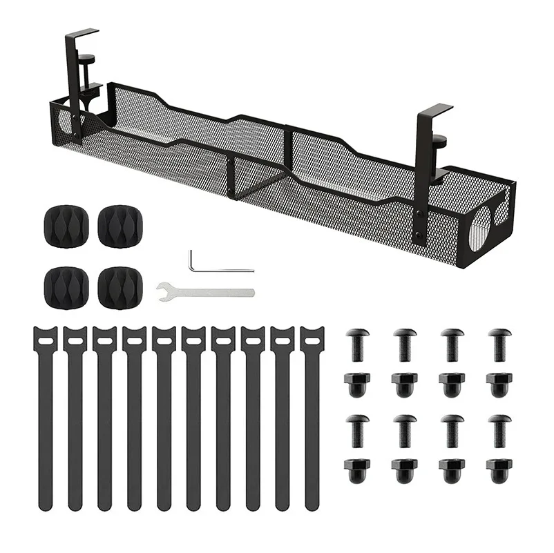 Under Desk Cable Management Tray No Drill Clamp On Storage Basket for Power Strip and Data Cable Organizer Black White 64cm Long