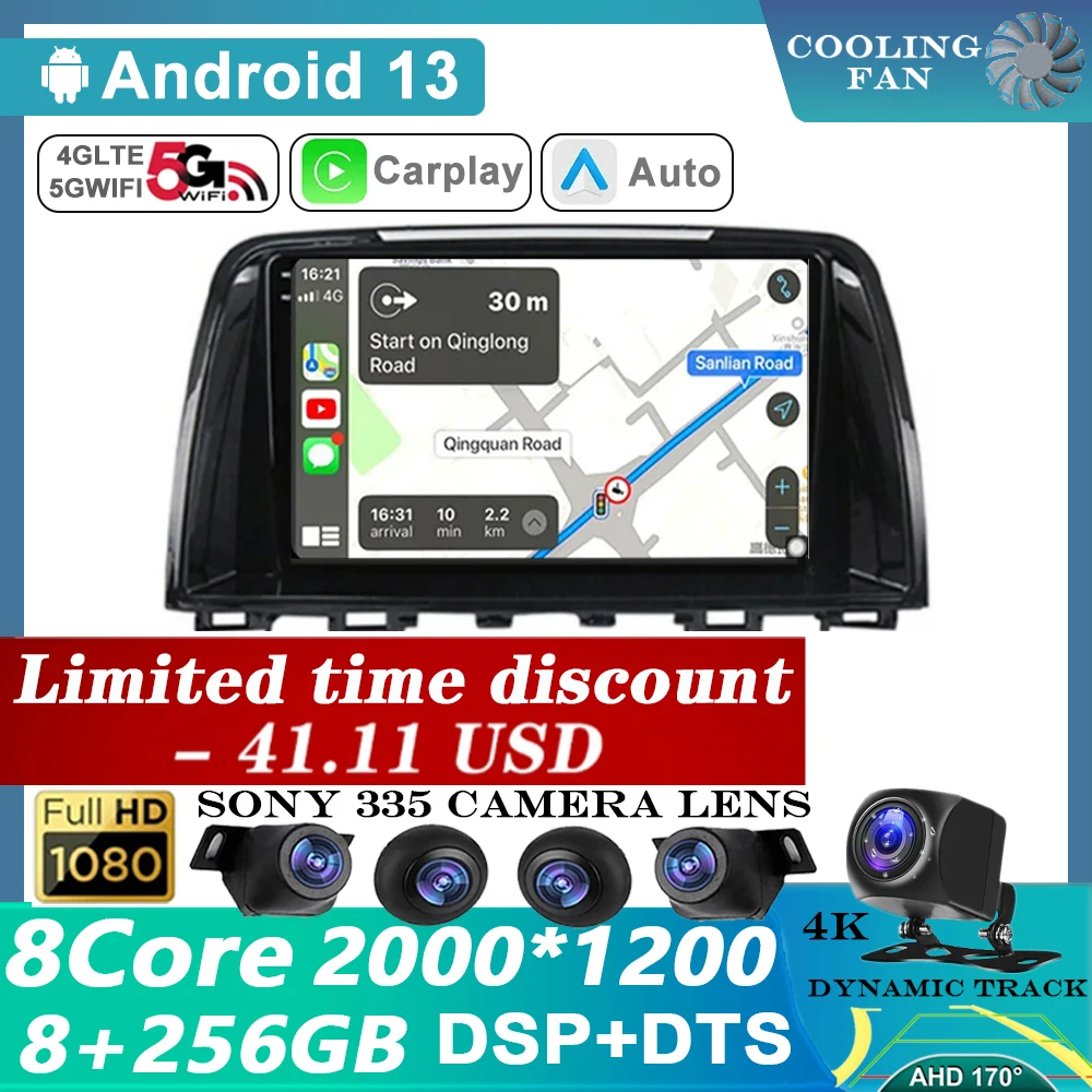 

For Mazda 6 GJ Atenza 2012-2016 Head Unit 4G Android 13 Car Radio Multimedia Video Player Navigation GPS WIFI QLED DSP NO 2 Din