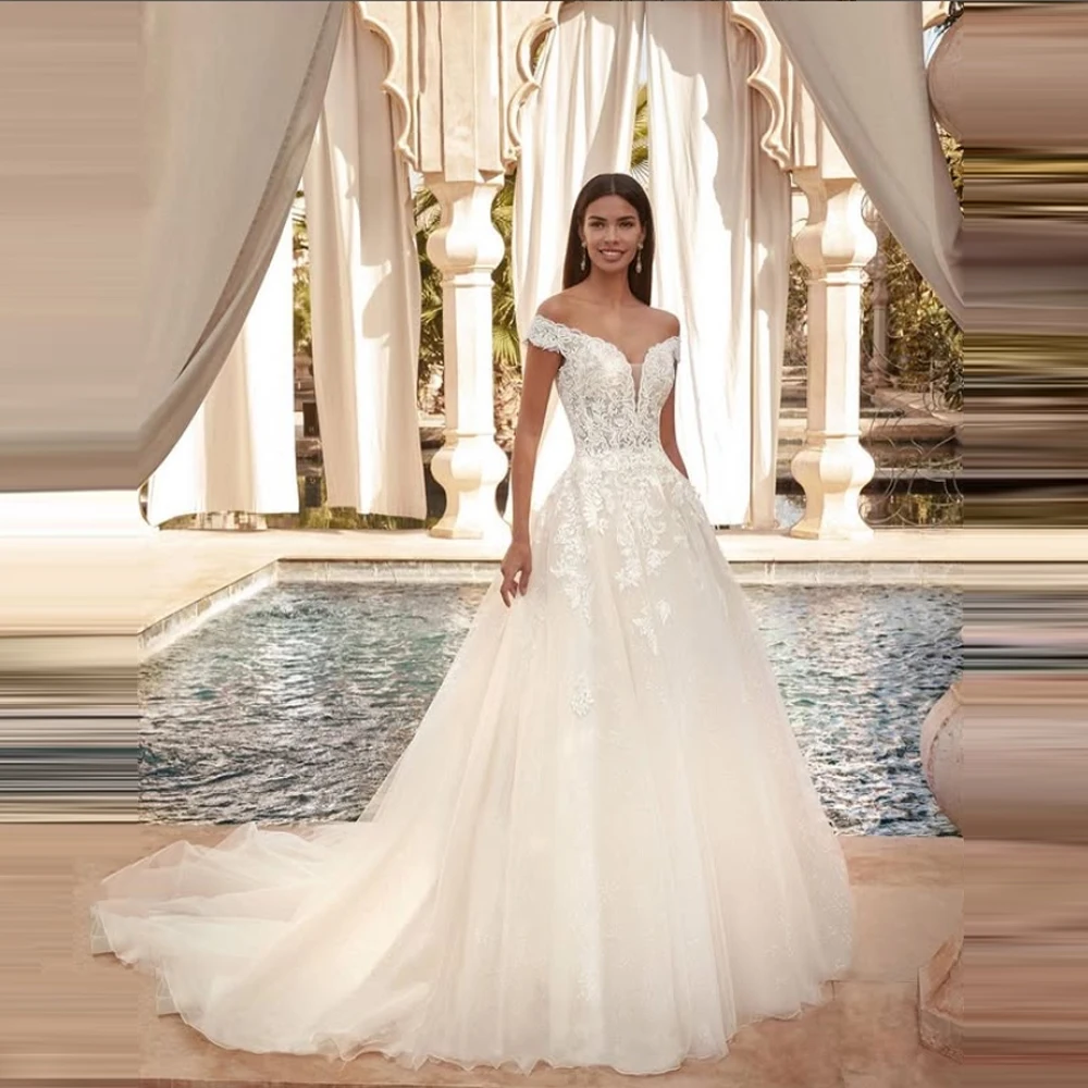 

Elegant A Line Wedding Dresses For Women Off Shoulder Appliques Lace Bride Gowns Engagement Banquet Vestidos De Novia Customized
