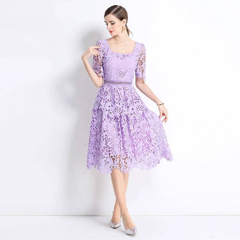 Original luxe Faion minceur évider dentelle col carré Dr hiver tricoté Polyester femmes Premium Dr