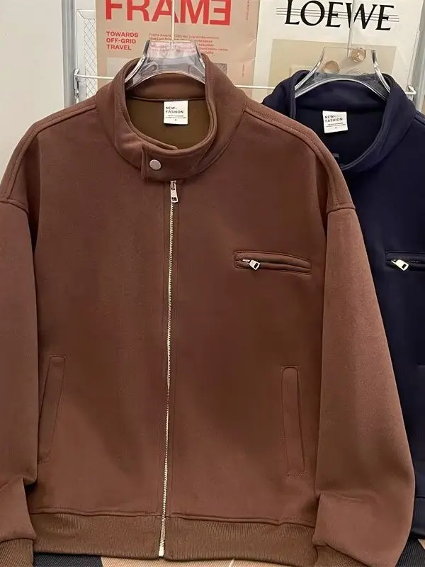 

Autumn Winter Zipper Stand Collar Men's Jaet Retro Splicing Pure Color Casual Pilot Coat Trendy Spring Season Brown Brand