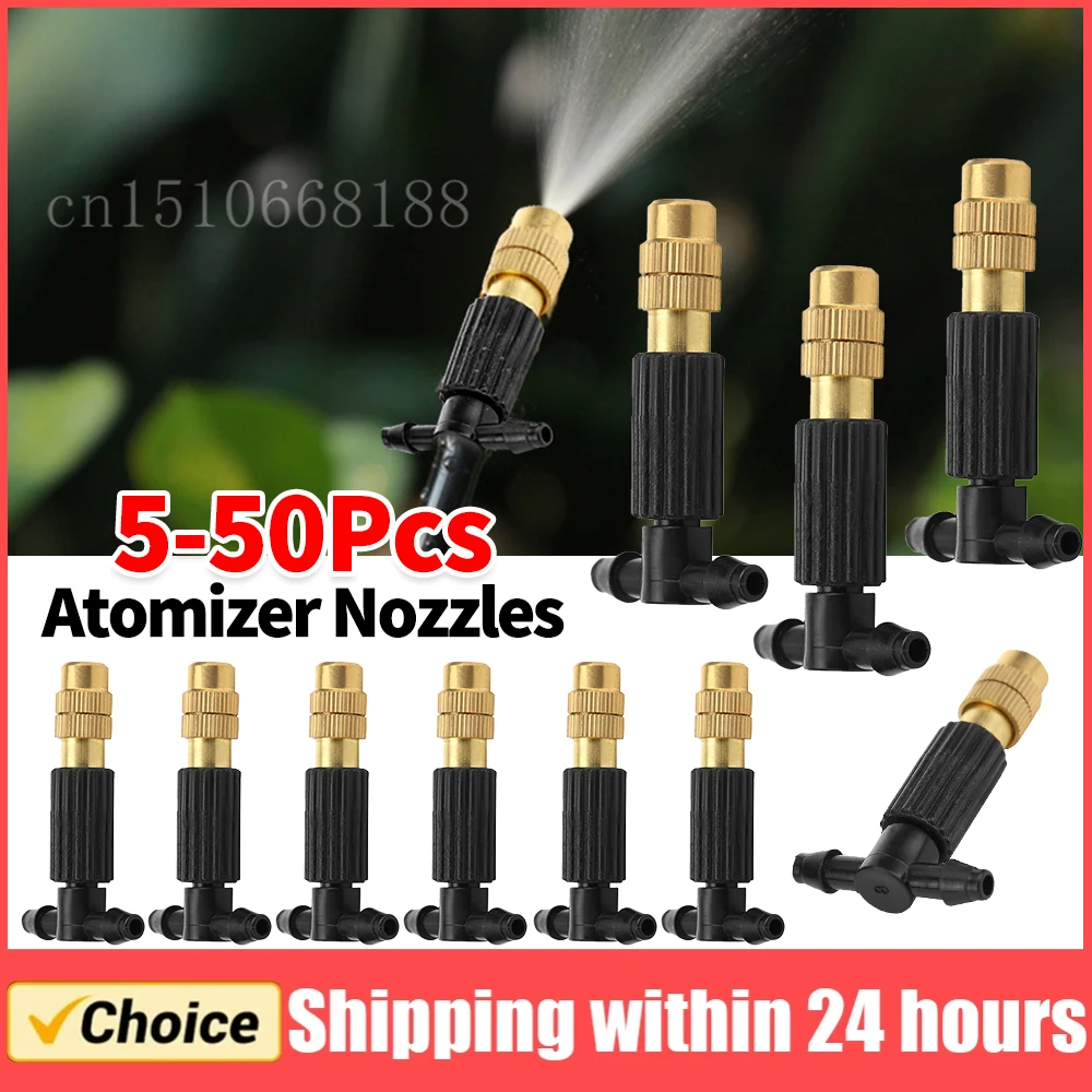 Sistema de enfriamiento por nebulización para exteriores, riego de jardín, boquillas atomizadoras de latón de 1/4 pulgadas, manguera de 4/7mm, cabezal de aspersor de jardín, 5-50 Uds.