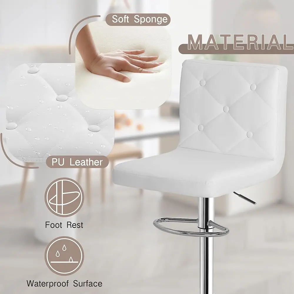 Bar Stools Set Of 2, Modern Pu Leather Adjustable Bar Stools With Back, 360° Swivel Bar Height Stools For Kitchen Counter
