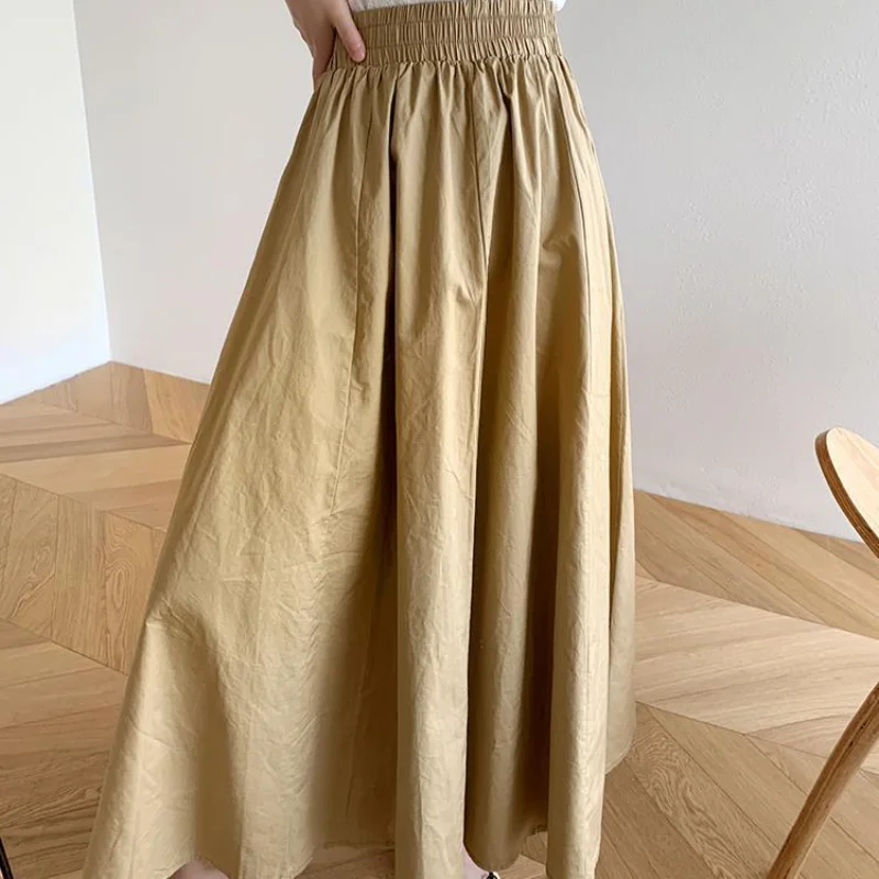 Skirts Women Solid Mid-calf Elegant Korean Style Retros New Spring Loose High Waist A-line Fashion All-match Chic Midi Faldas