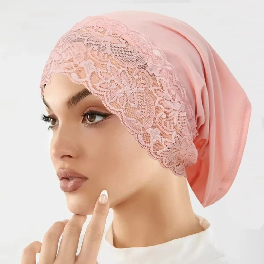 Comfortable Fit Elegant Hijab Cap Lace Edge Solid Color Headscarf Hat Soft Breathable Undercap Women Headwear