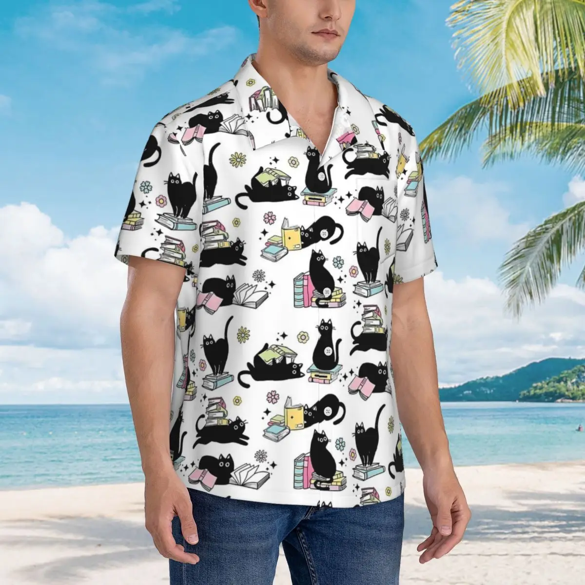 Library Cat Vacation Shirt Black Cats and Books Hawaii Casual Shirts Man Vintage Blouses Short Sleeve Harajuku Graphic Clothes