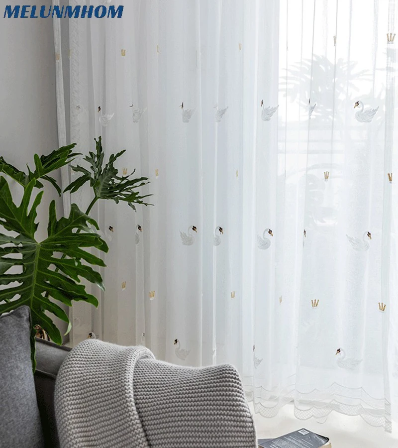 Pastoral Mesh Fabric Goose Embroidered Tulle Curtains for Bedroom Living Room Simple White Sheer Window Screens Kitchen Custom