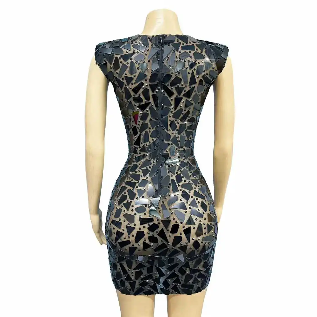 Vestido de lujo negro brillante con espejos y diamantes de imitación, vestido Sexy de malla transparente para mujer, vestido de fiesta de cumpleaños y cóctel de noche, disfraz de alfombra roja