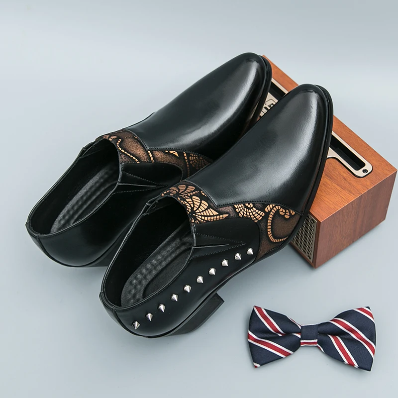 

Men Business Height Increase Formal High Heels Fashion Pointed Rivet Decoration Men Loafers Shoes Size 38-46