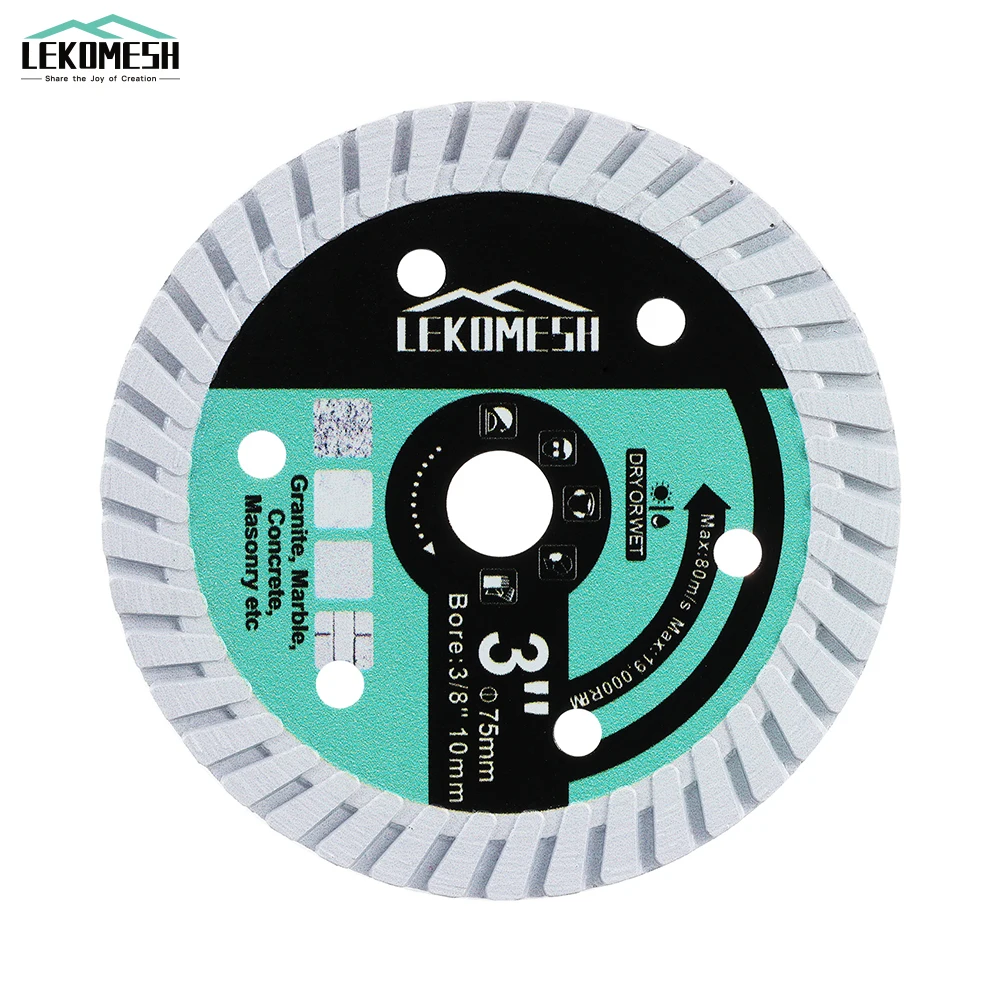 LEKOMESH-Lâmina de serra Diamond Turbo para Mini Grinder, Granito Concreto, Alvenaria, Disco De Corte De Mármore, Diâmetro 10mm, 3 ", 75mm