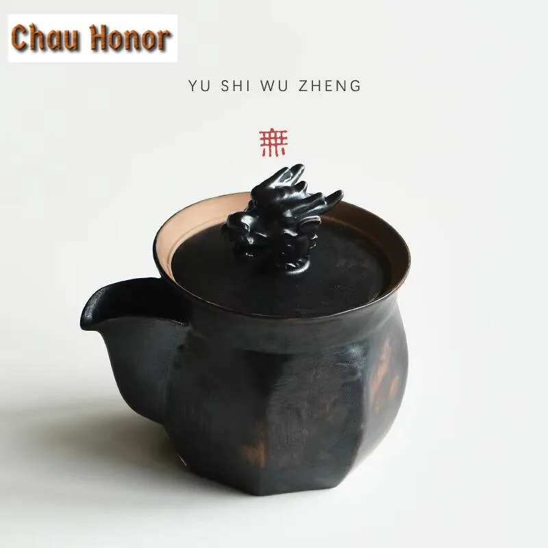 200ml Japanese Rough Pottery Treasure Bottle Pot Handmade Black Glazed Hand Grab Pot Creative Dargon Head Kettle Teaware Gifts