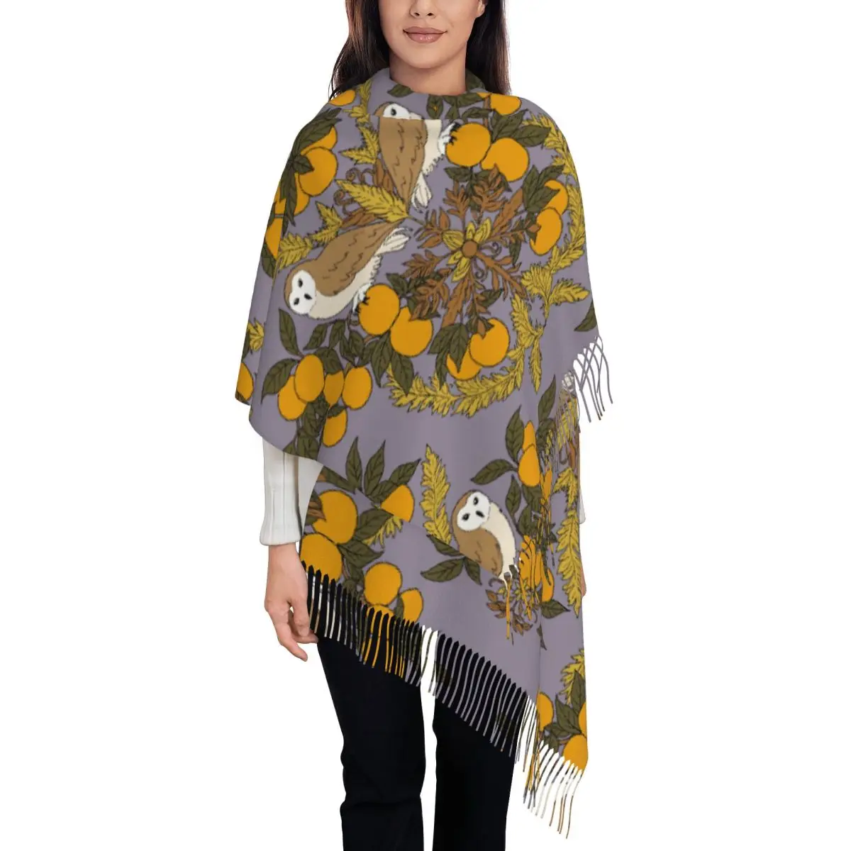 

Женские большие винтажные шарфы с рисунком совы и Yuzu на заказ, женские зимние мягкие теплые шаль с кисточками, шарф