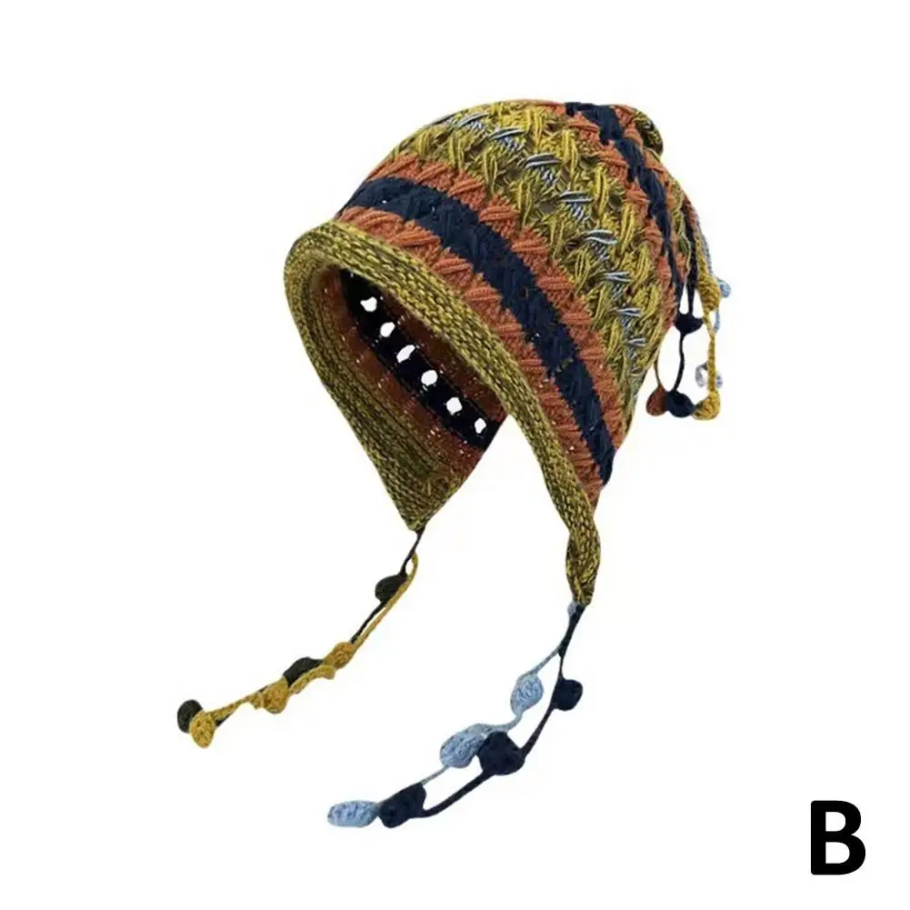 Вязаная крючком шапка-бини для женщин Вязаная шапка с напуском и милыми помпонами с кисточками и широкими полями контрастного цвета в полоску с теплыми ушками I3J1