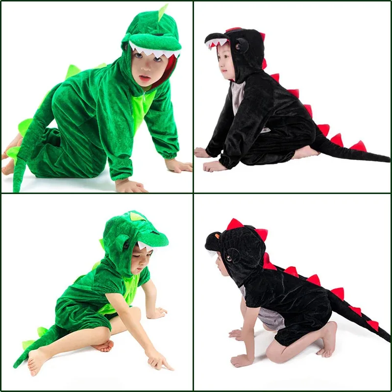Cute Kids Animal Dinosaur Kugurumi Costume Cosplay Ragazzi Bambino Verde Nero Asilo Scuola Gioco di società Gioco di ruolo Vestito