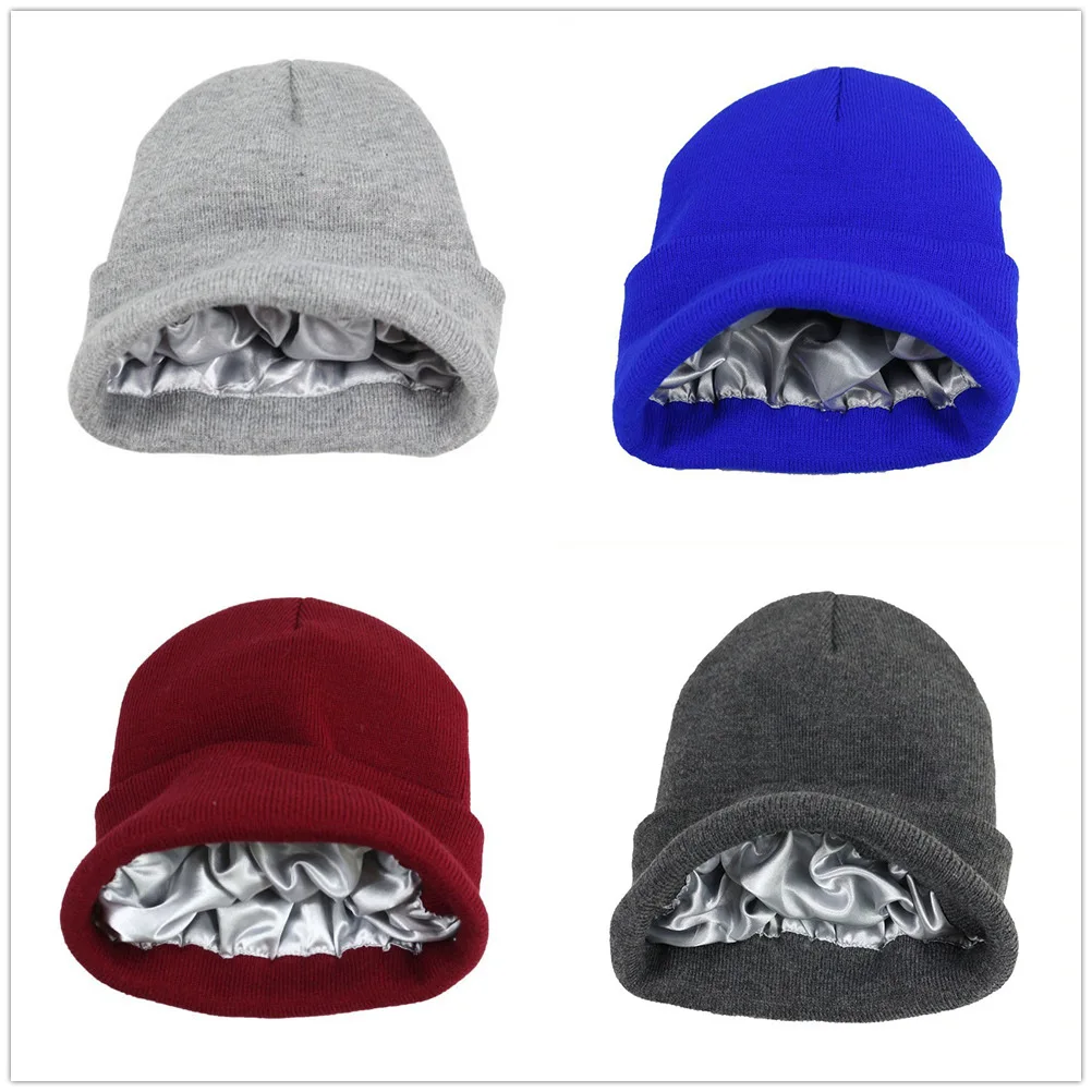 Autumn  Winter Satin Lined Brimless Hat Colored Ding Yarn Hat Men's Solid Color Skull Cap Women's Knitted Hat Thick Warm Ski Cap