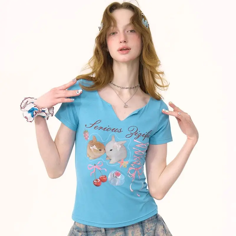 

Sexy Spicy Girl Style Printing Pure Cotton Short Sleeve T-shirt New Summer 2026 Fashion Slimming Versatile Design Top for Women