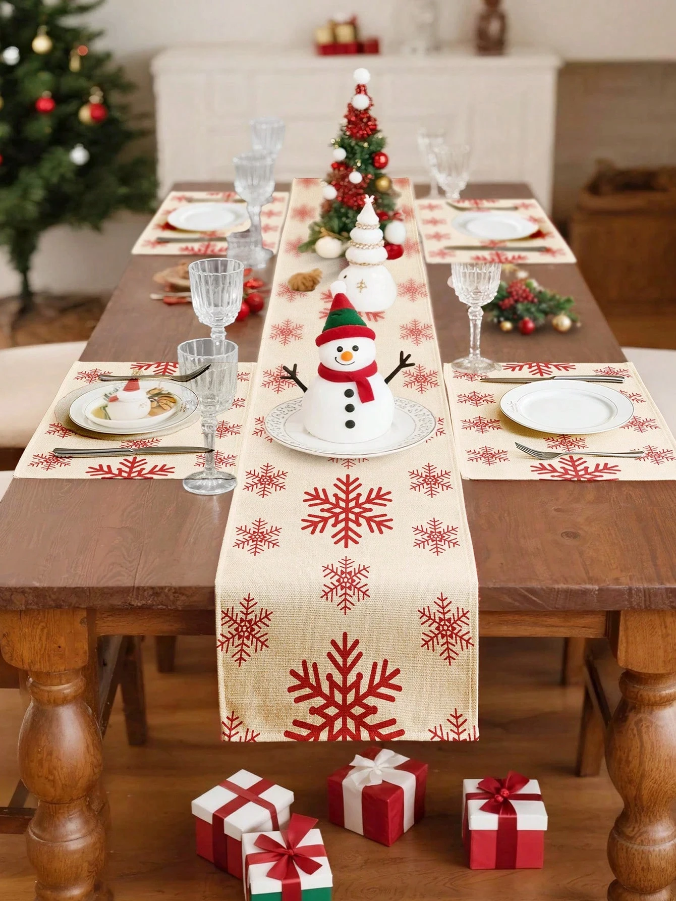 JIT Weihnachts-Tischläufer aus rotem Schneeflocken-Leinen, klassisches Schneeflockenmuster für Weihnachten, Esstisch, Dekoration, Winterurlaub, elegant