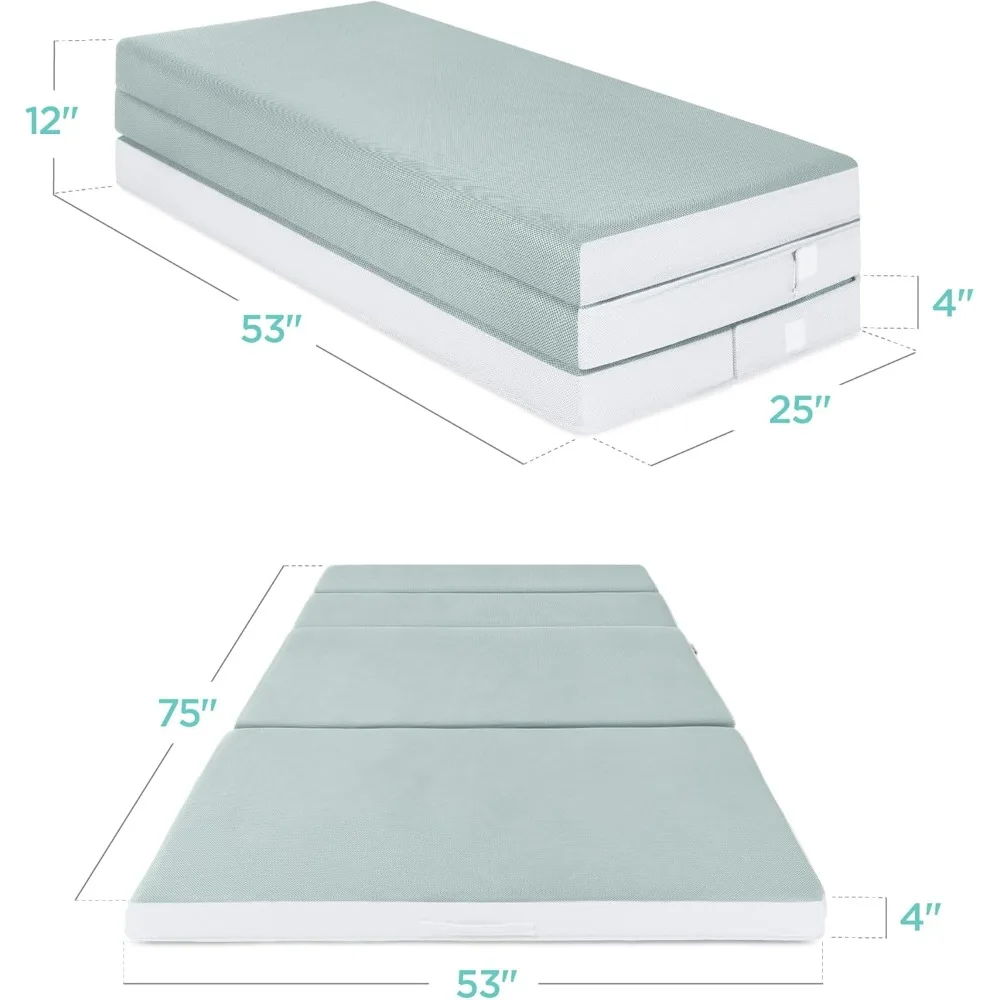 

4in Portable Full-Size Mattress, Tri-Fold Mattress for Camping, Guest, Toddler, Foam Plush w/Carry Case - Seafoam