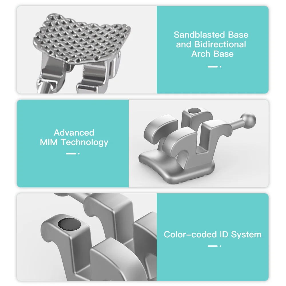 Suportes ortodônticos dentários MIM Monobloco, Mini Roth, MBT 0.022 ", 0.018" com 3-4-5 Ganchos, Suporte de Metal Ortho, Cinta, 10 Pacotes