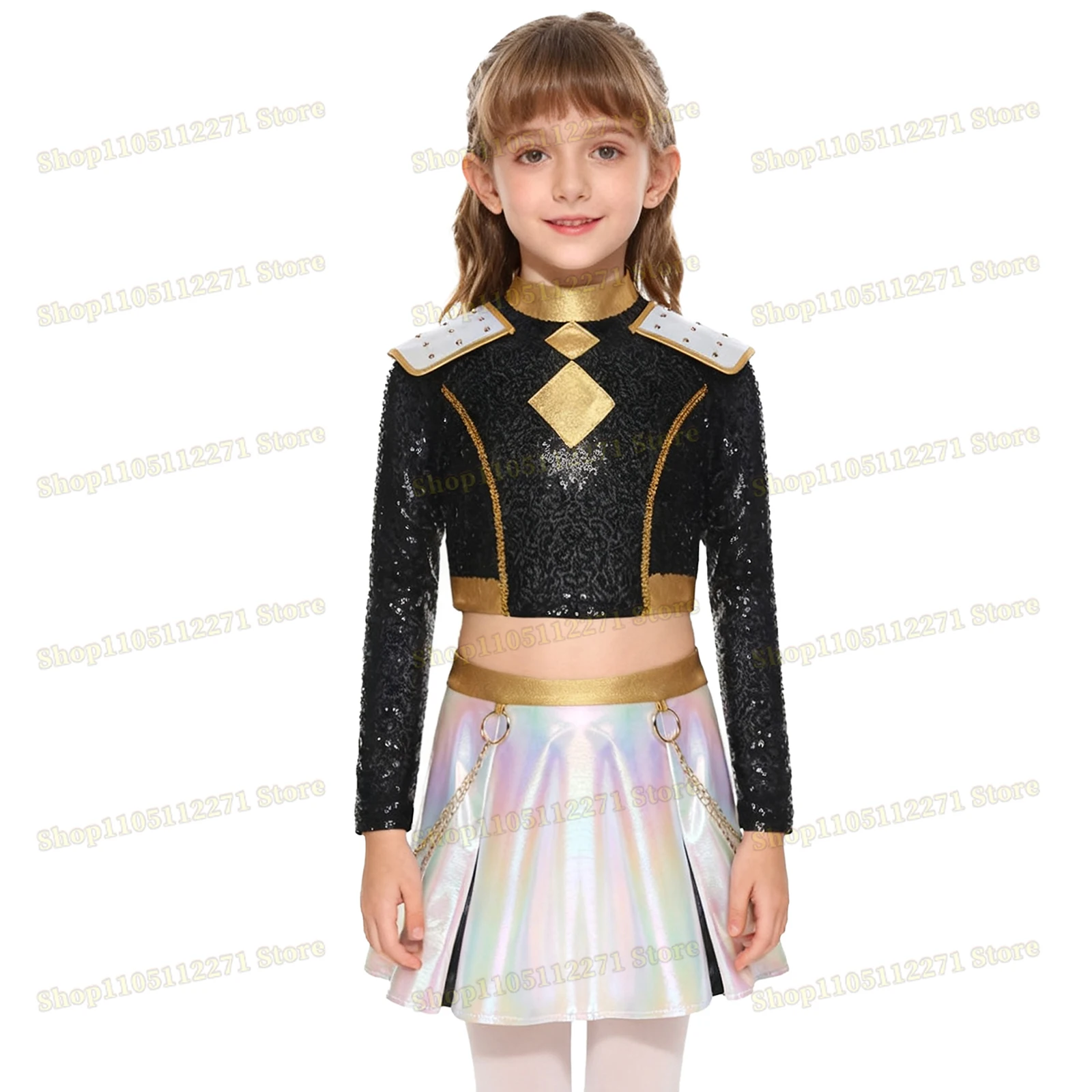 Decorazioni per ragazze per bambini Hunter Personaggio anime Demone Costume cosplay Costume Gloss Petto Nappa Crop Top e gonna con catene in vita