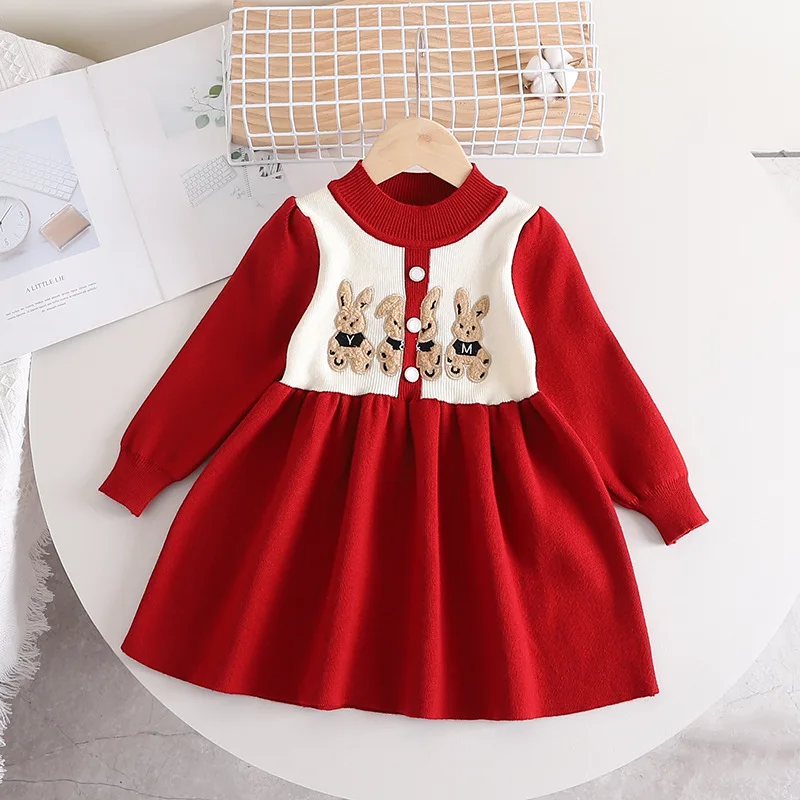 Children's Dresses Cartoon Bear Sweater Dress Christmas Sweater Winter Clothes for Girls  Knit Sweater Korean Style