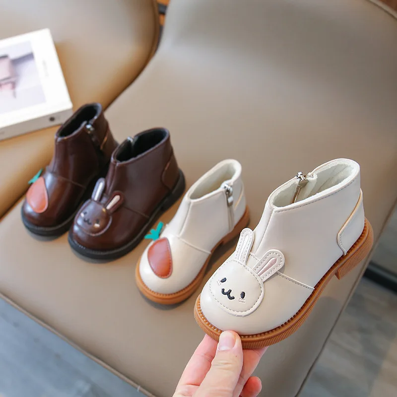 Girls Fashion Leather Boots New Autumn Winter Kids Non-slip Cotton Warm Cute Rabbit Princess Ankle Boots Baby Girls Casual Shoes