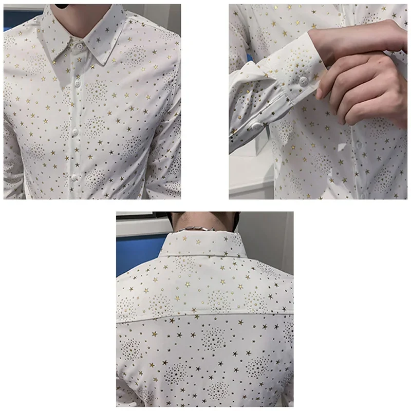 High Quality Star Gold Bronzing Men Shirt Spring Autumn Slim Fit Chemise Homme Manche Longue Luxury Club Prom Male Floral Shirts