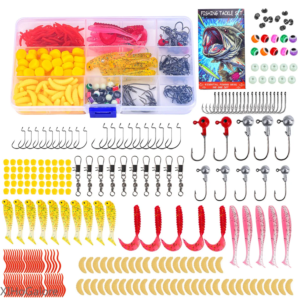 

216Pcs Soft Bait Fishing Lure Box Set Curling Tail Lead Head Hook Bead Block Lure Box Wholesale Fake Bait Batch