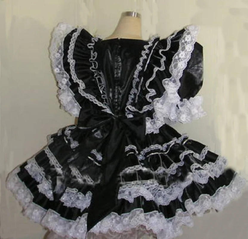 Hot Selling Lockable Sissy Black Satin Multi Pleated Lace Adult Taffeta Pleated Maid Dress Custom Dress