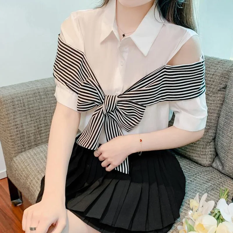 Temperament Off Shoulder Blouse Summer New Short Sleeve Bow Patchwork Solid Hollow Out Shirt Tops Fashion Elegant Women Clothing